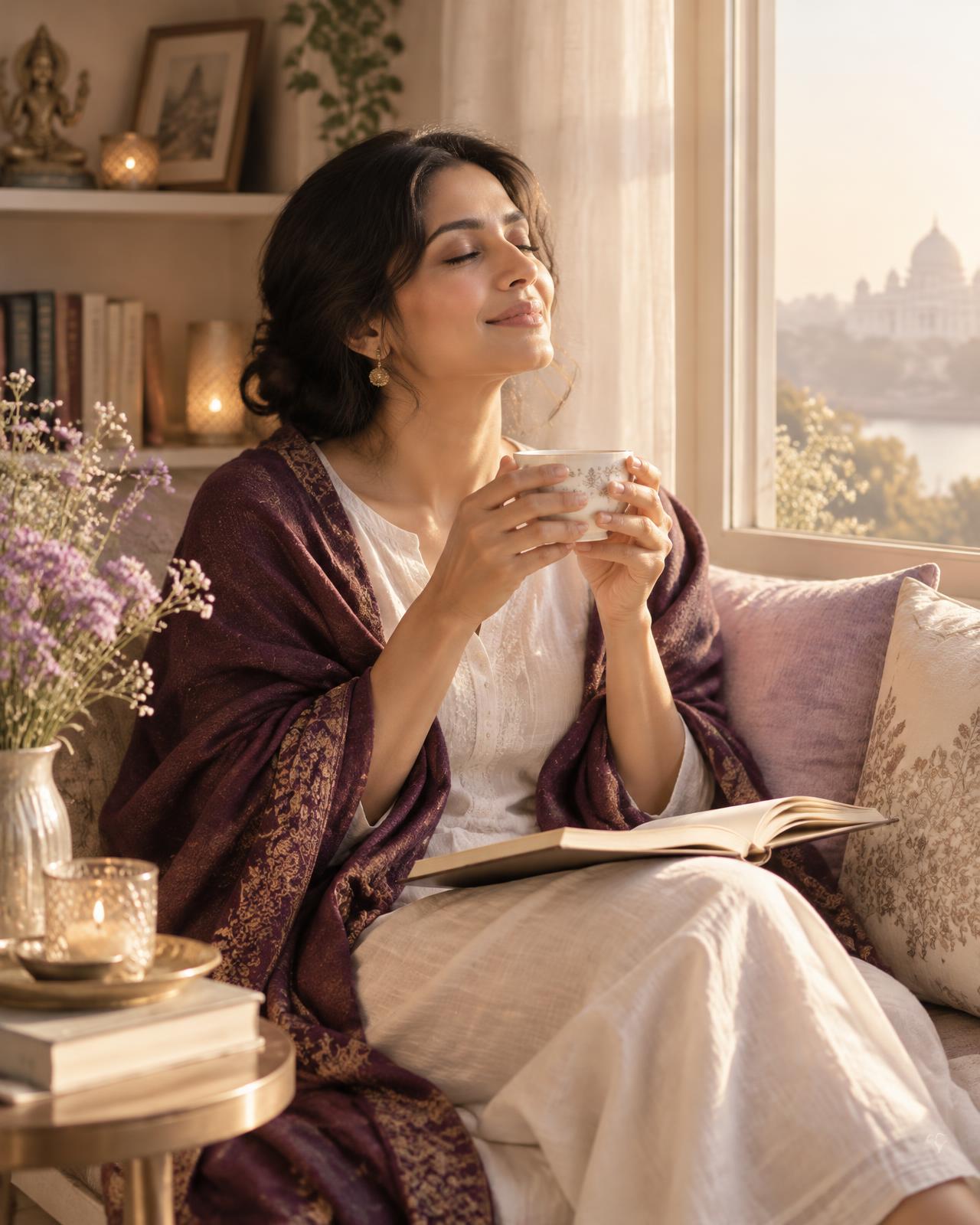 A woman enjoying a peaceful moment with tea and a journal